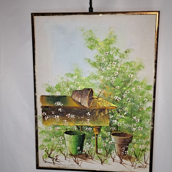 no brand Other - Vintage Garden Scene Wall Art with Gold Frame Signed By LINDA 12x16